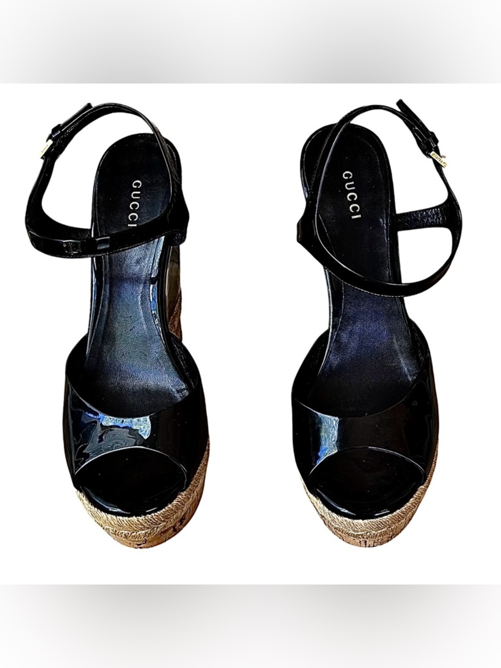🌹GUCCI Black Patent Leather & Cork Platform Wedge Sandals🌹 - Picture 6 of 13